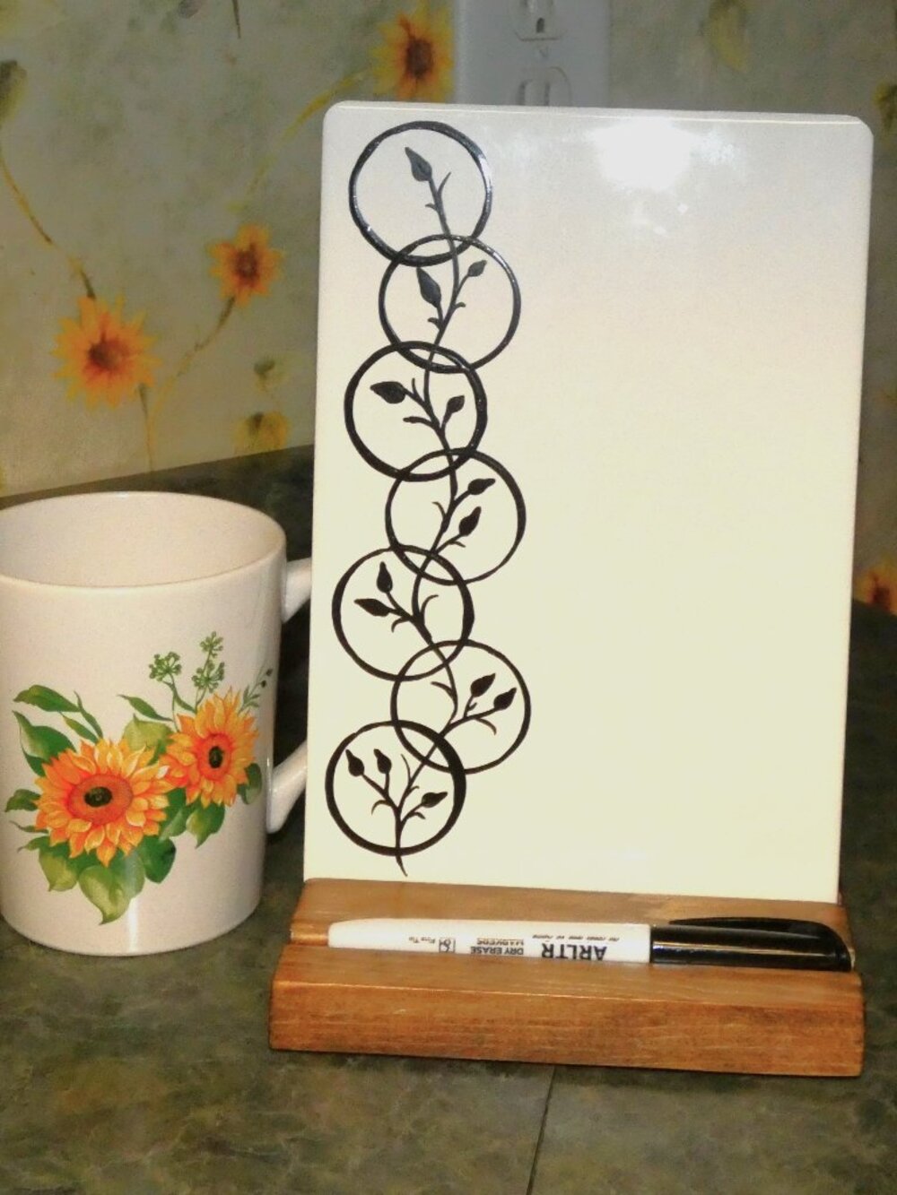 Black Vine Ceramic Whiteboard, Dry Erase Message Board with Wood Stand